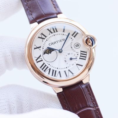 Cartier 42MM 316L Steel Italian Imported Cowhide Leather Strap Men Watch